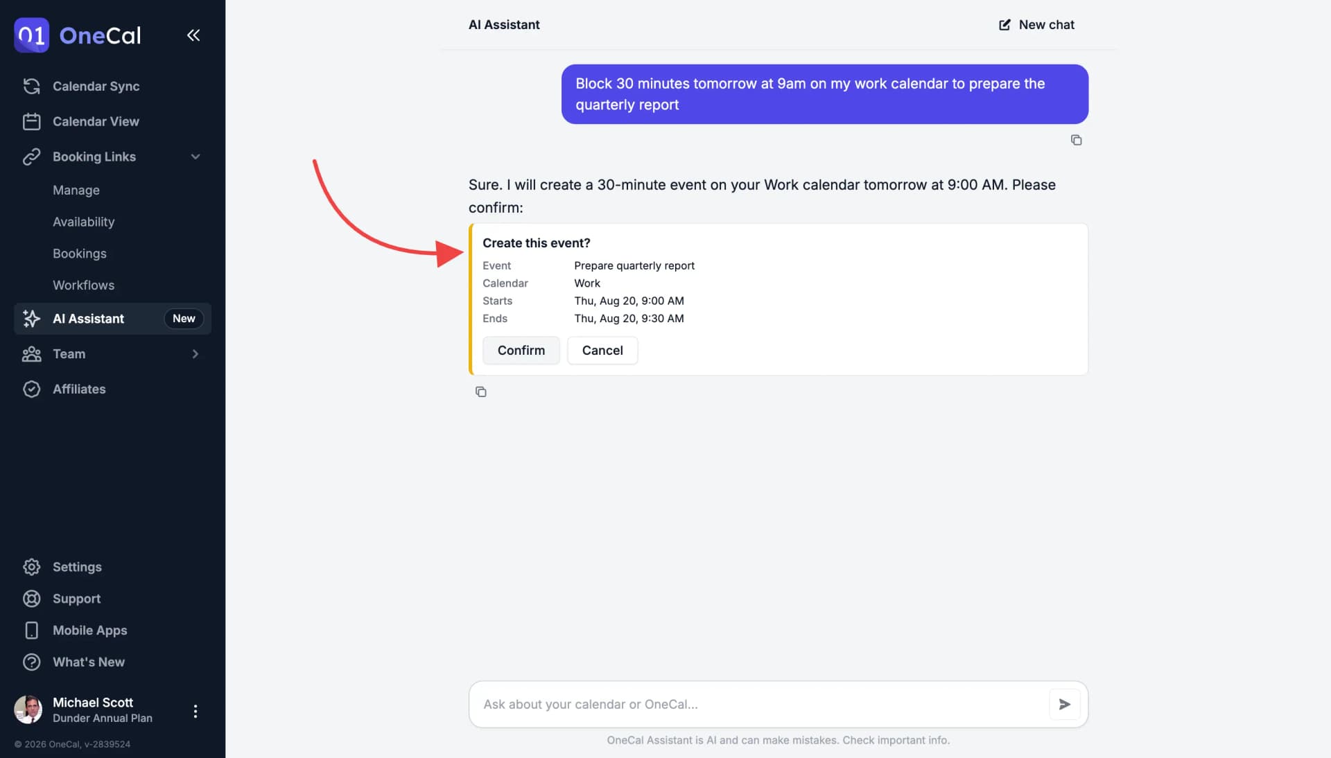 OneCal AI Assistant approval card