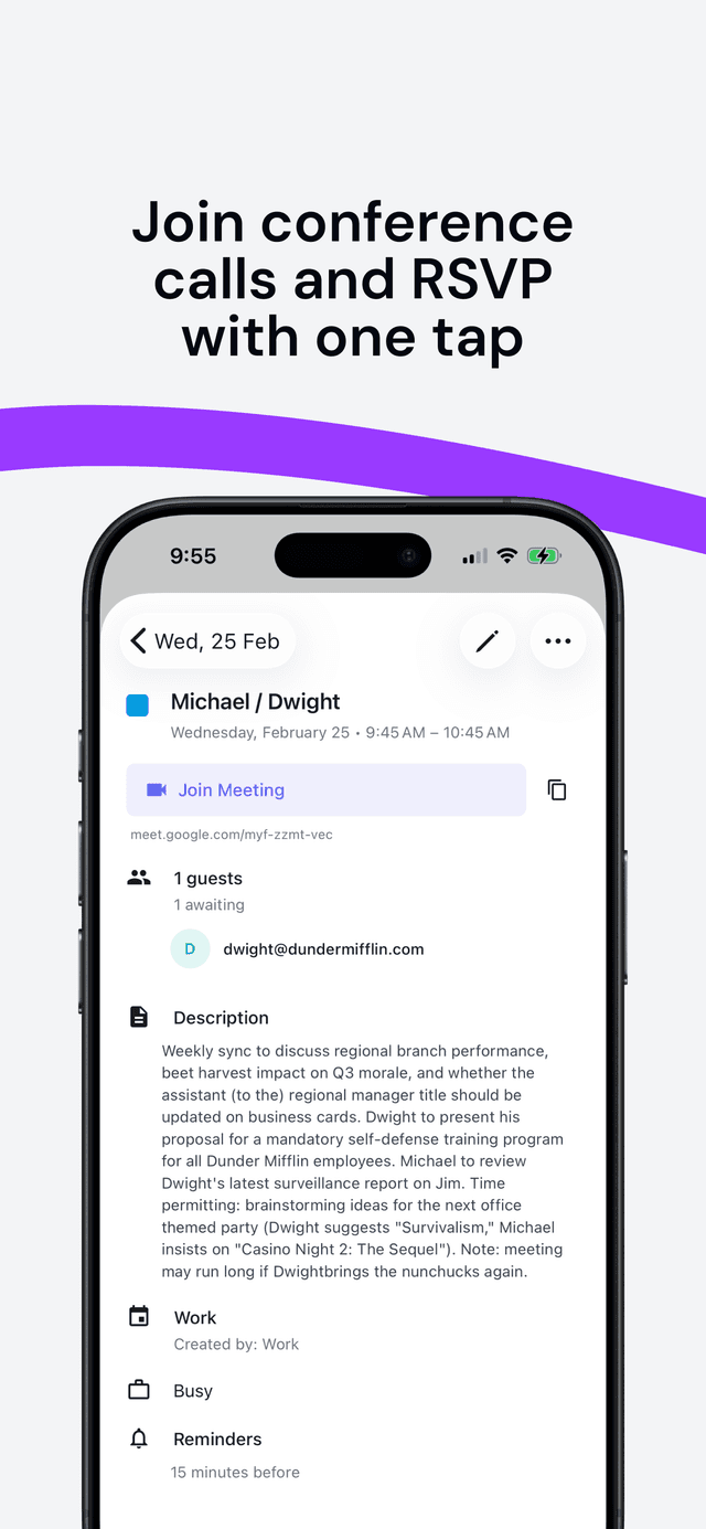 会議参加とRSVPオプションを表示するOneCalアプリ