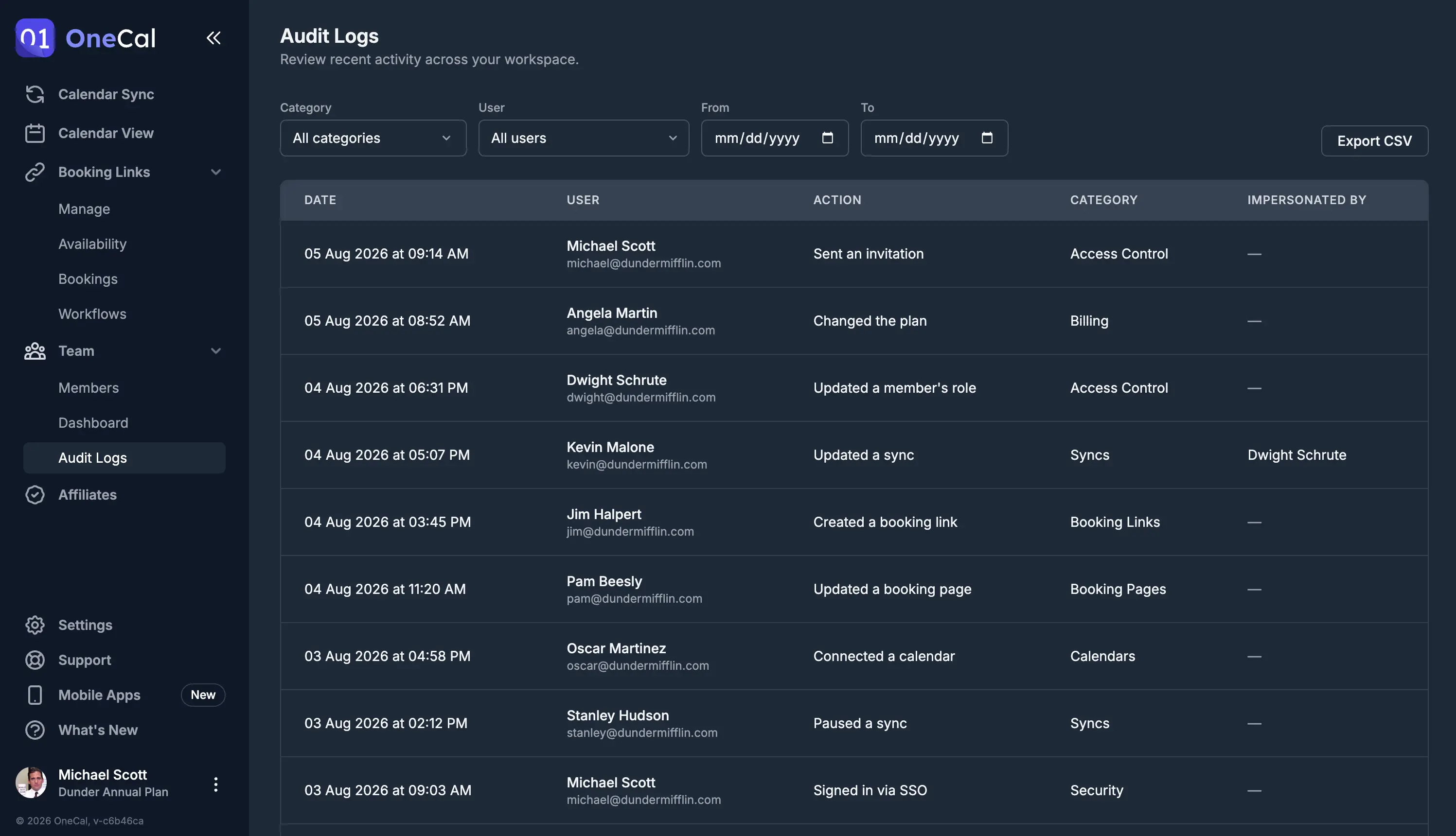 OneCal Audit Logs showing workspace activity filtered by member and category