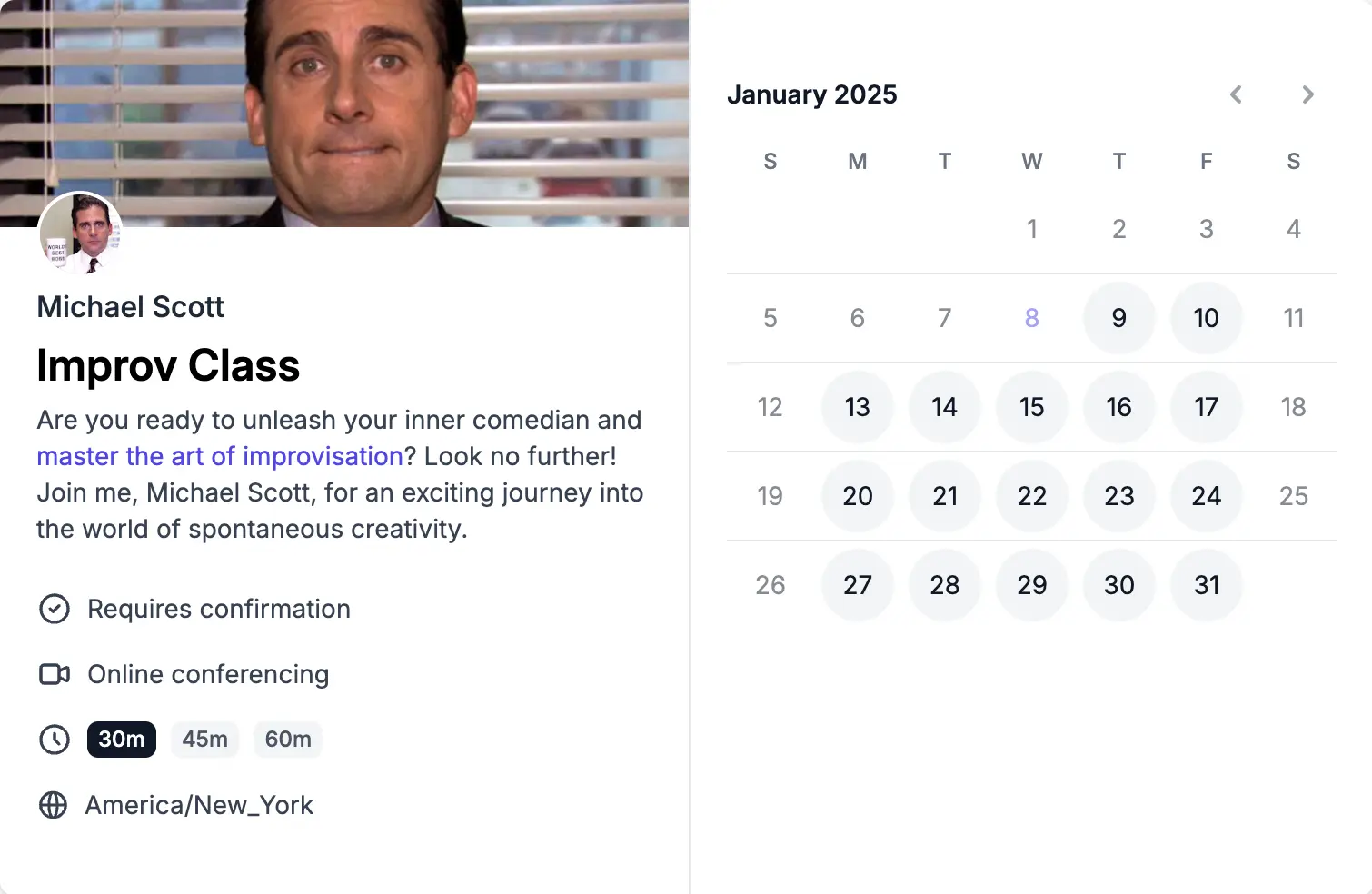 OneCal Scheduling Link booking page example