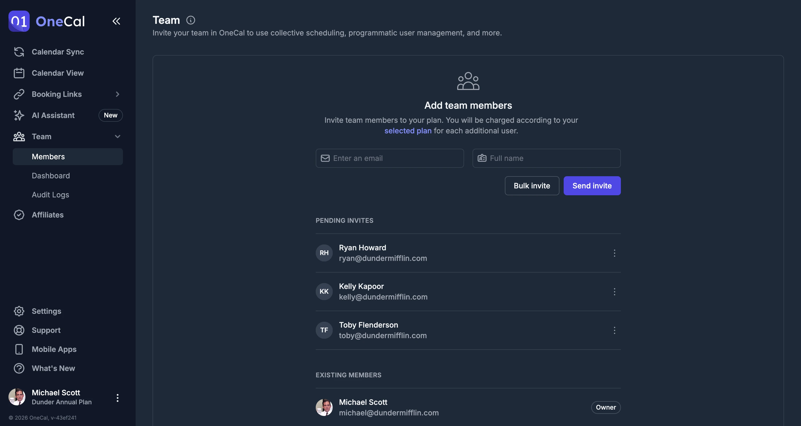 OneCal Team Plans user interface