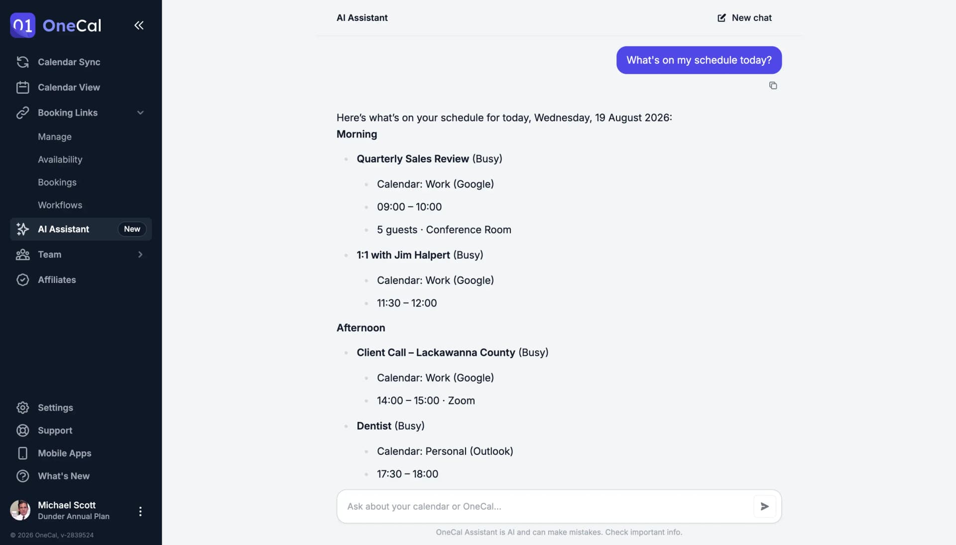 A conversation with the OneCal AI Assistant