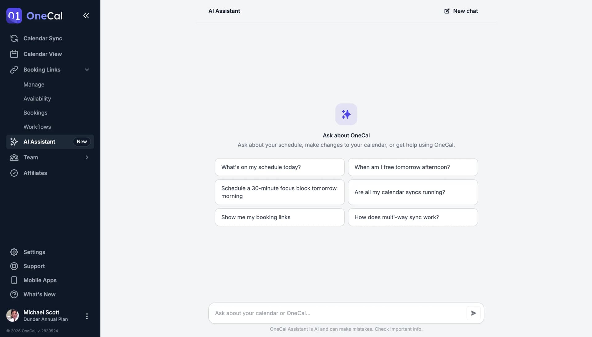OneCal AI Assistant suggestions