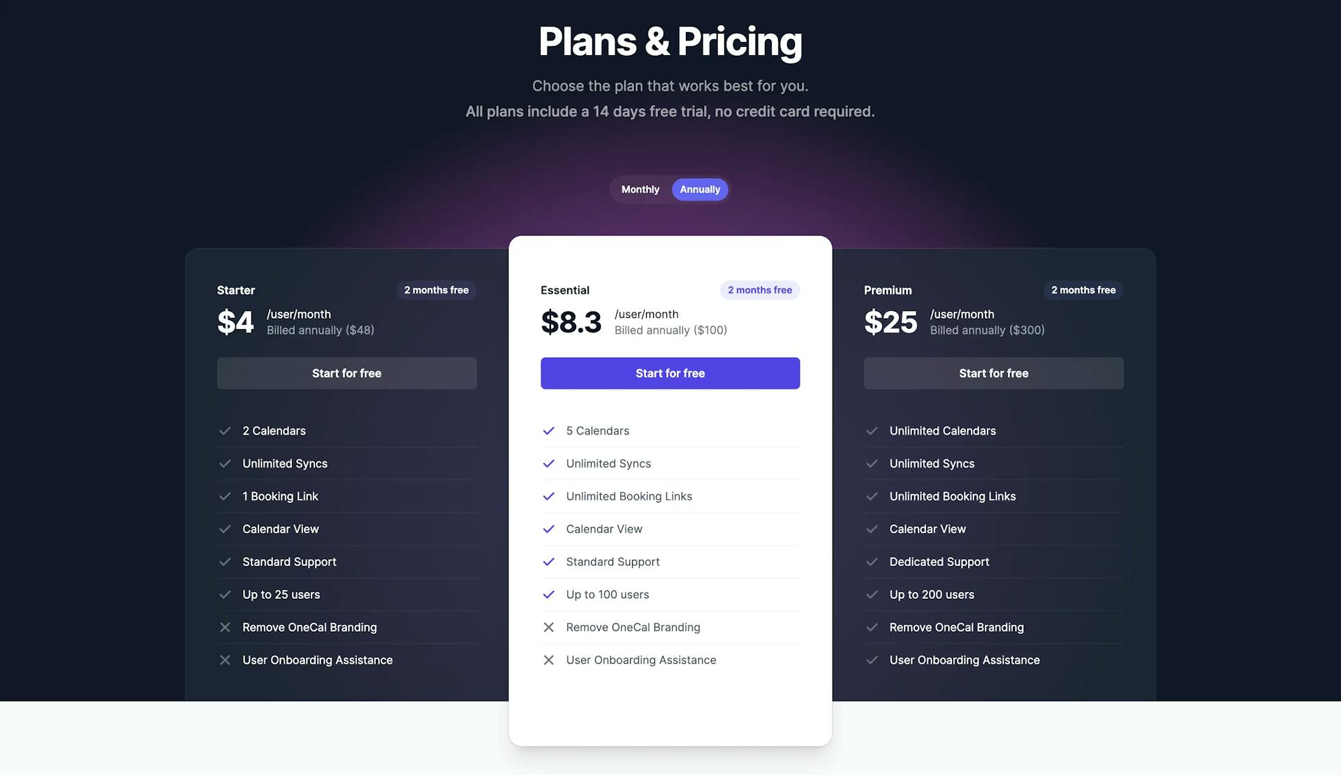 OneCal Pricing user interface