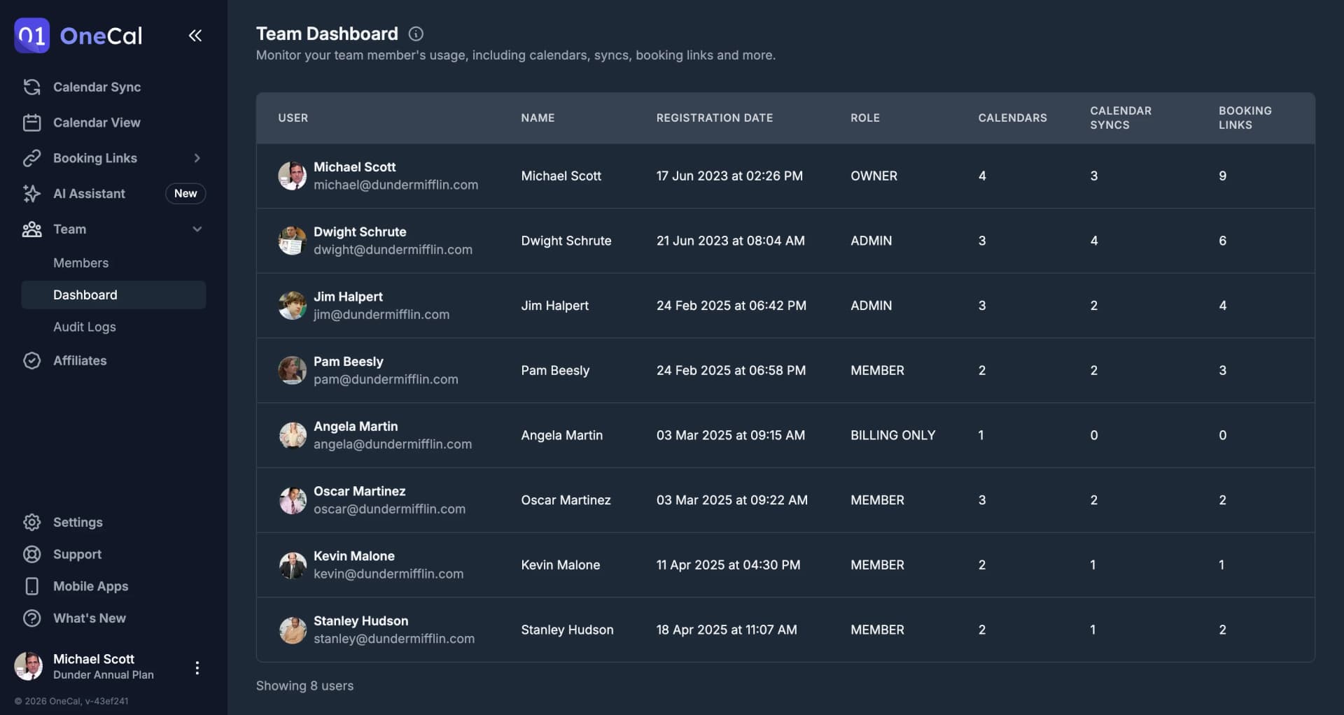 OneCal Team Dashboard