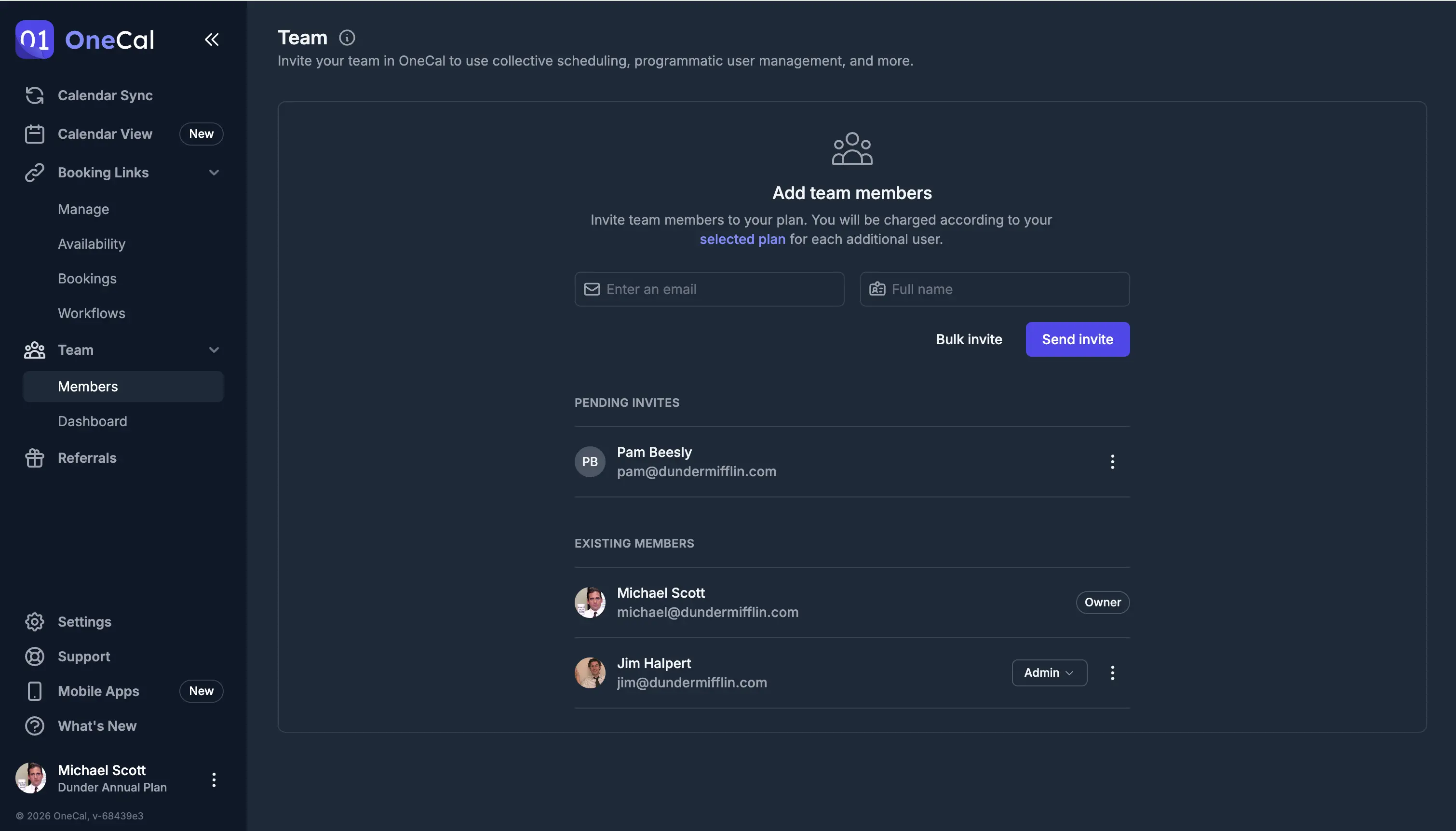 Inviting team members and assigning roles in OneCal