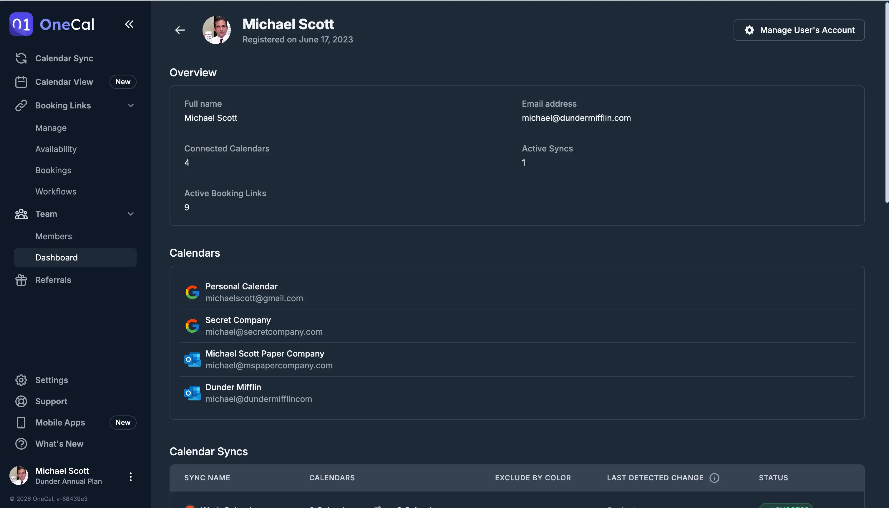 OneCal Team Dashboard with per-member usage